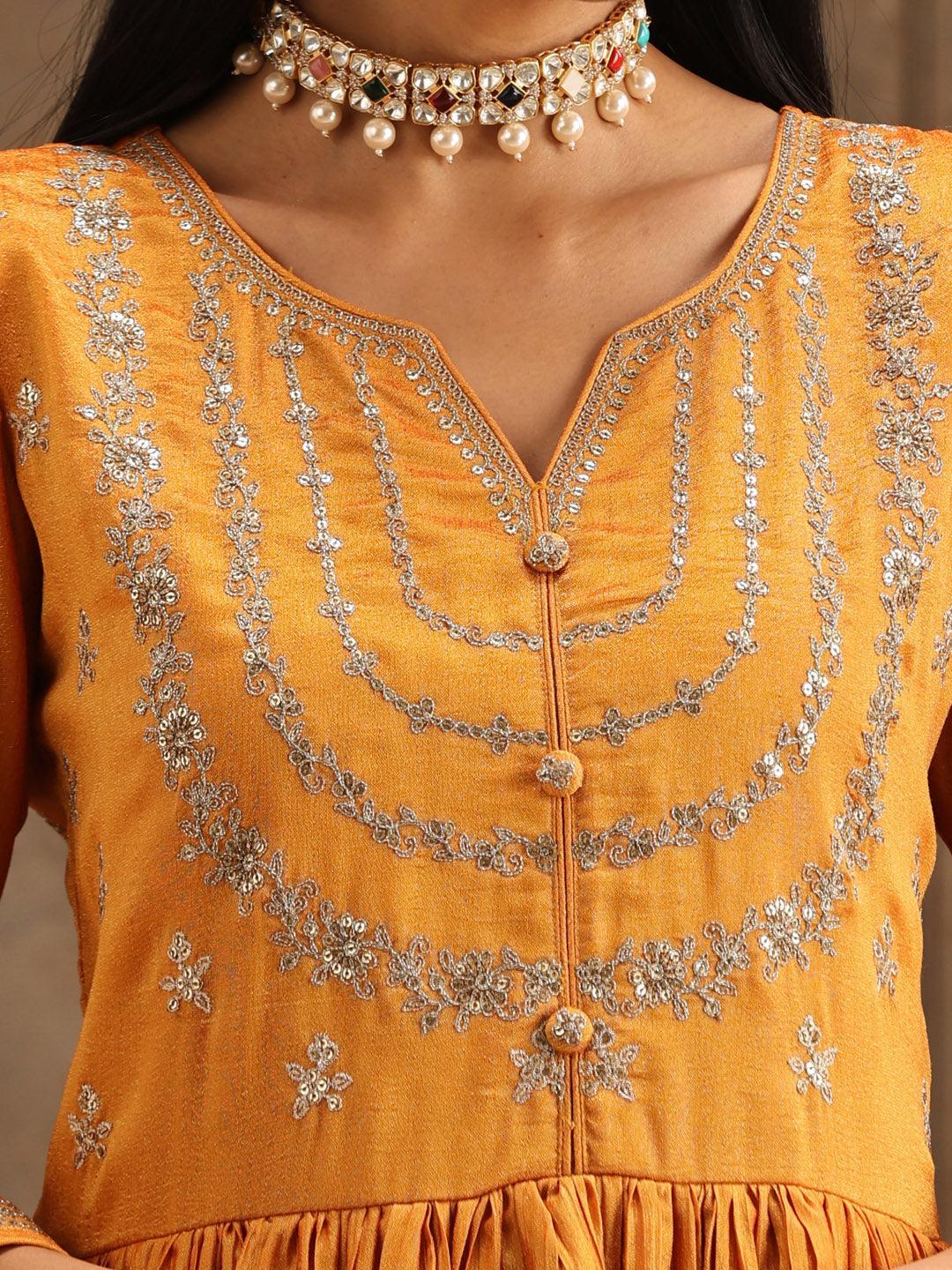 Yellow Embroidered Silk Blend Anarkali Suit Set With Trousers - ShopLibas