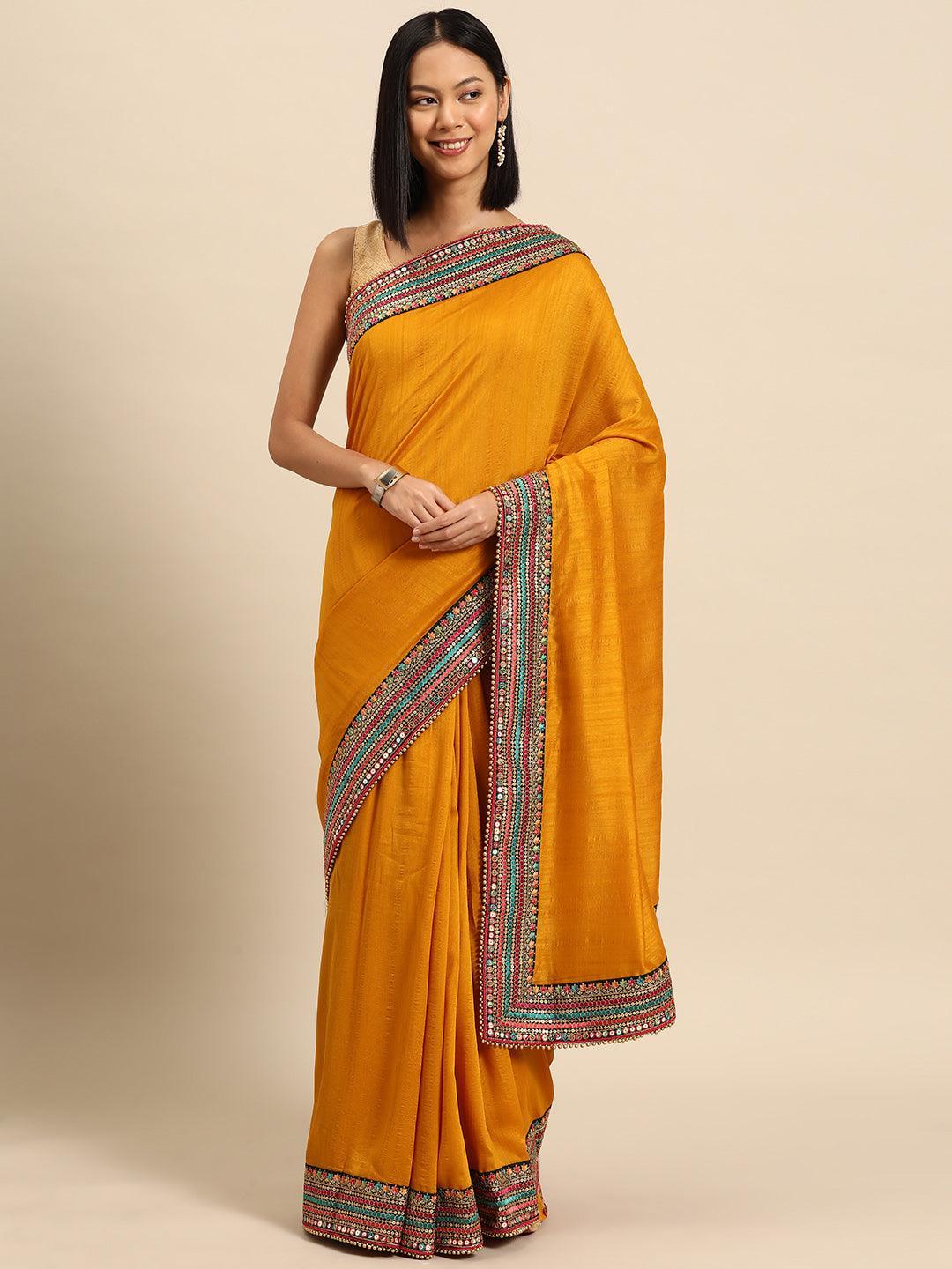 Yellow Embroidered Silk Blend Saree