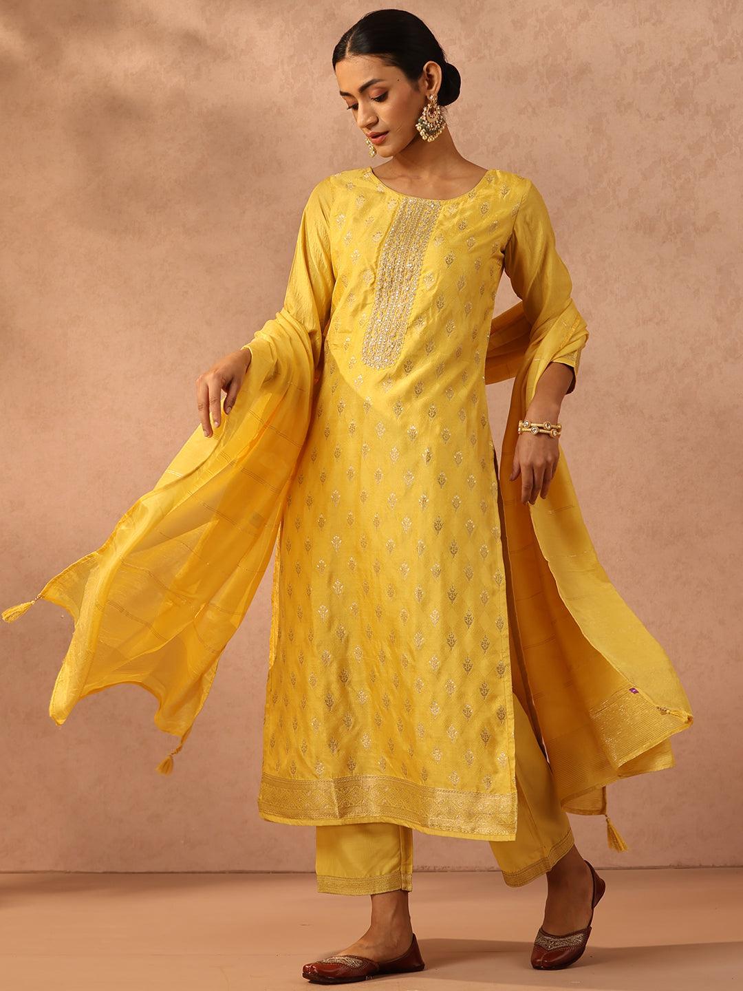 Yellow Embroidered Silk Blend Suit Set With Trousers - ShopLibas