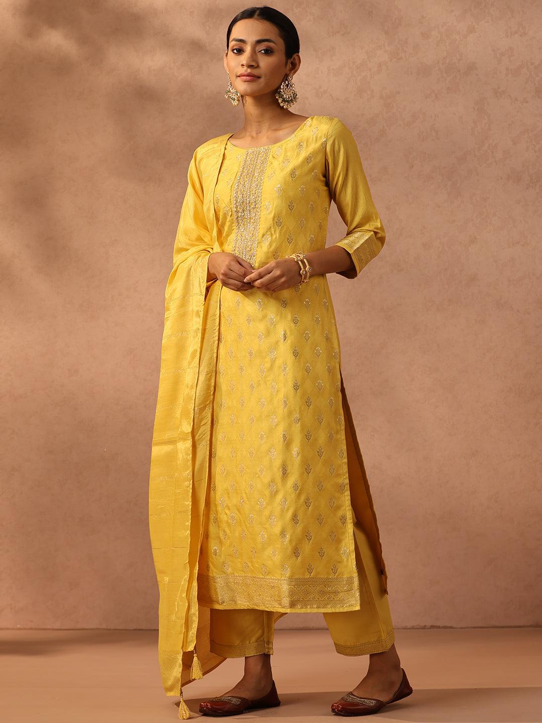 Yellow Embroidered Silk Blend Suit Set With Trousers - ShopLibas