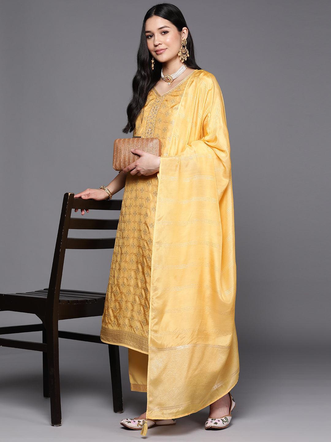 Yellow Embroidered Silk Blend Suit Set With Trousers