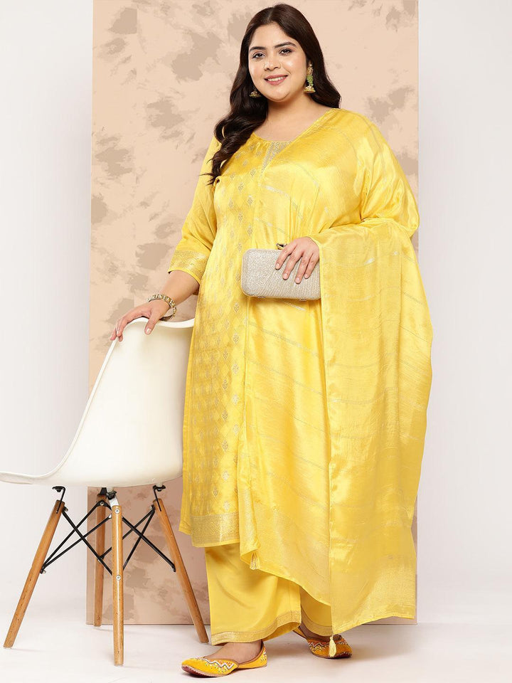 Yellow Embroidered Silk Blend Straight Kurta With Trousers and Dupatta - Libas