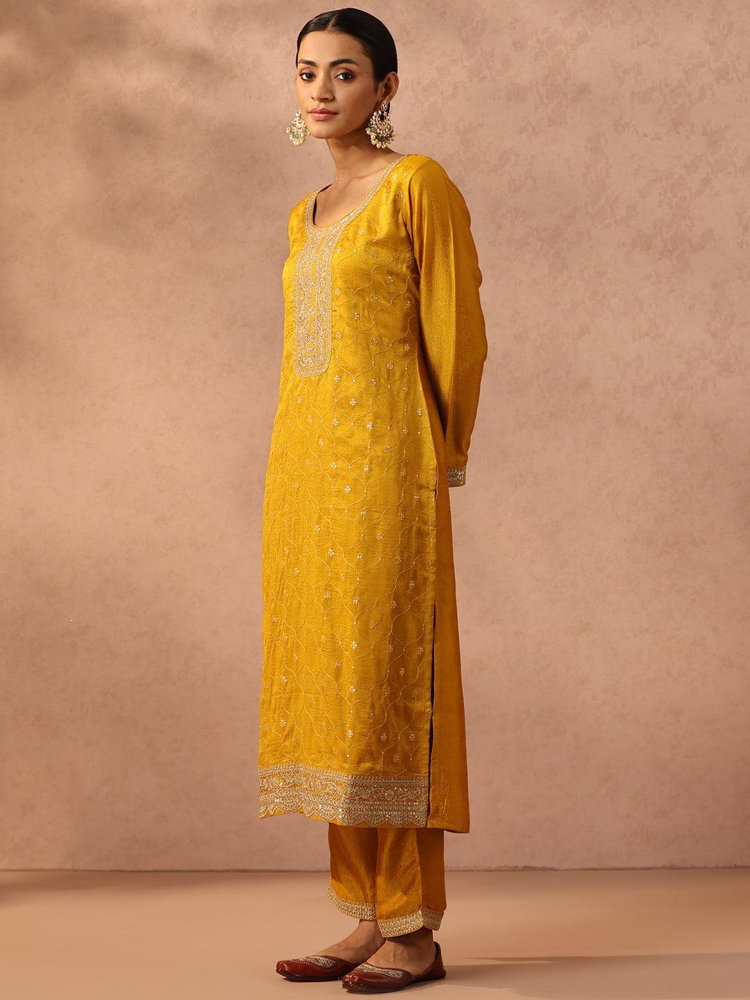 Yellow Embroidered Silk Blend Suit Set With Trousers