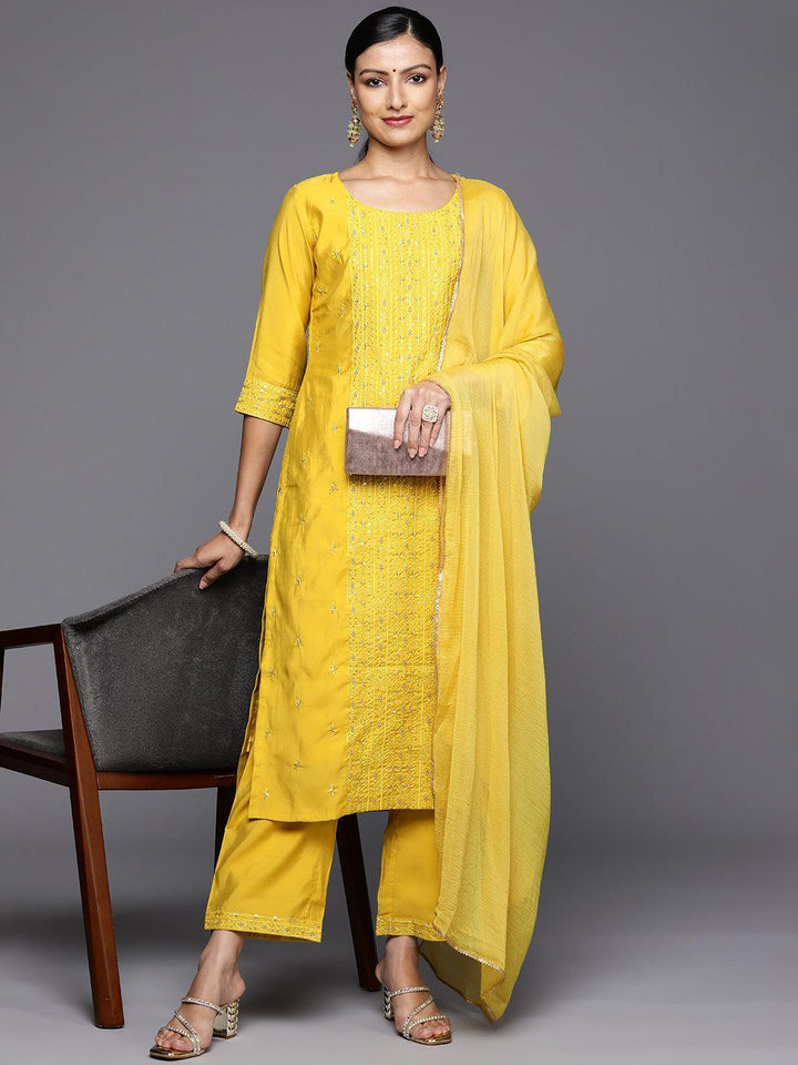 Yellow Embroidered Silk Blend Straight Kurta With Trousers & Dupatta - Libas