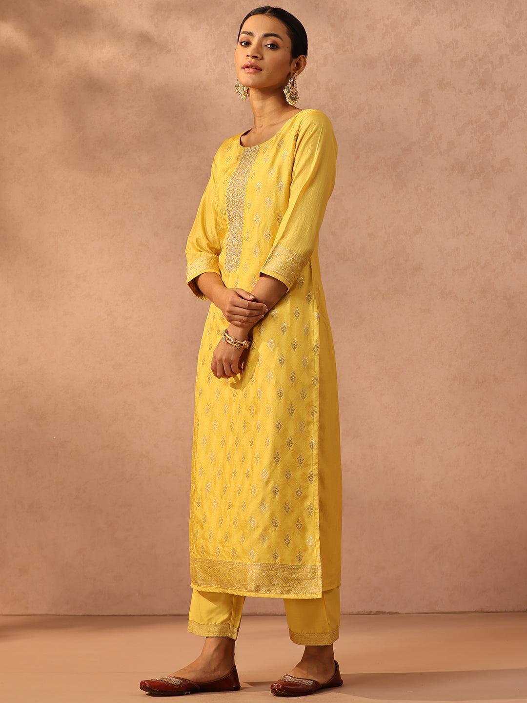 Yellow Embroidered Silk Blend Suit Set With Trousers - ShopLibas