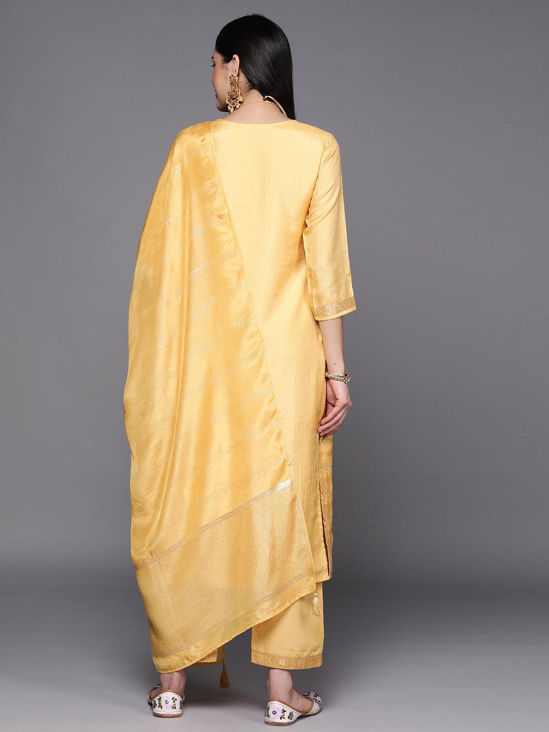 Yellow Embroidered Silk Blend Suit Set With Trousers - ShopLibas