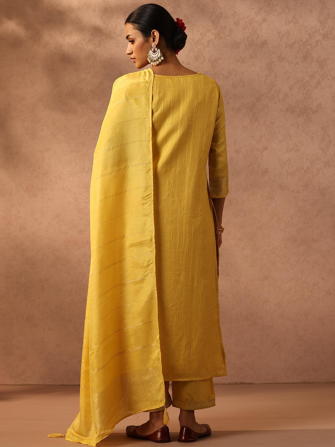 Yellow Embroidered Silk Blend Suit Set With Trousers - ShopLibas