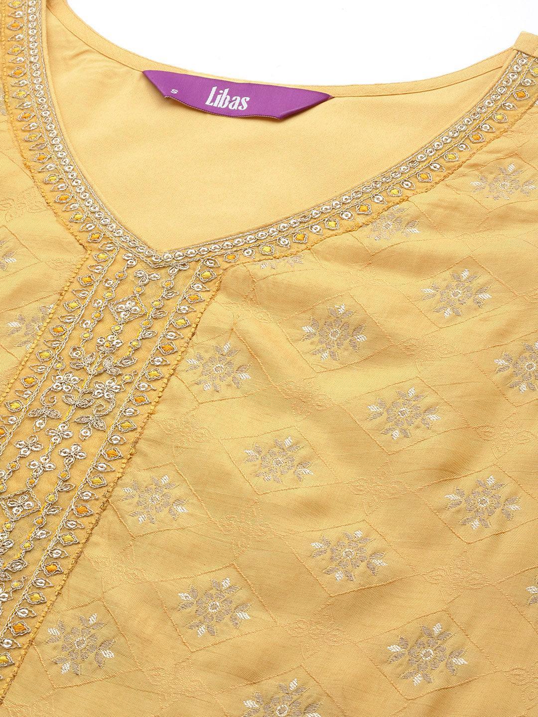 Yellow Embroidered Silk Blend Suit Set With Trousers