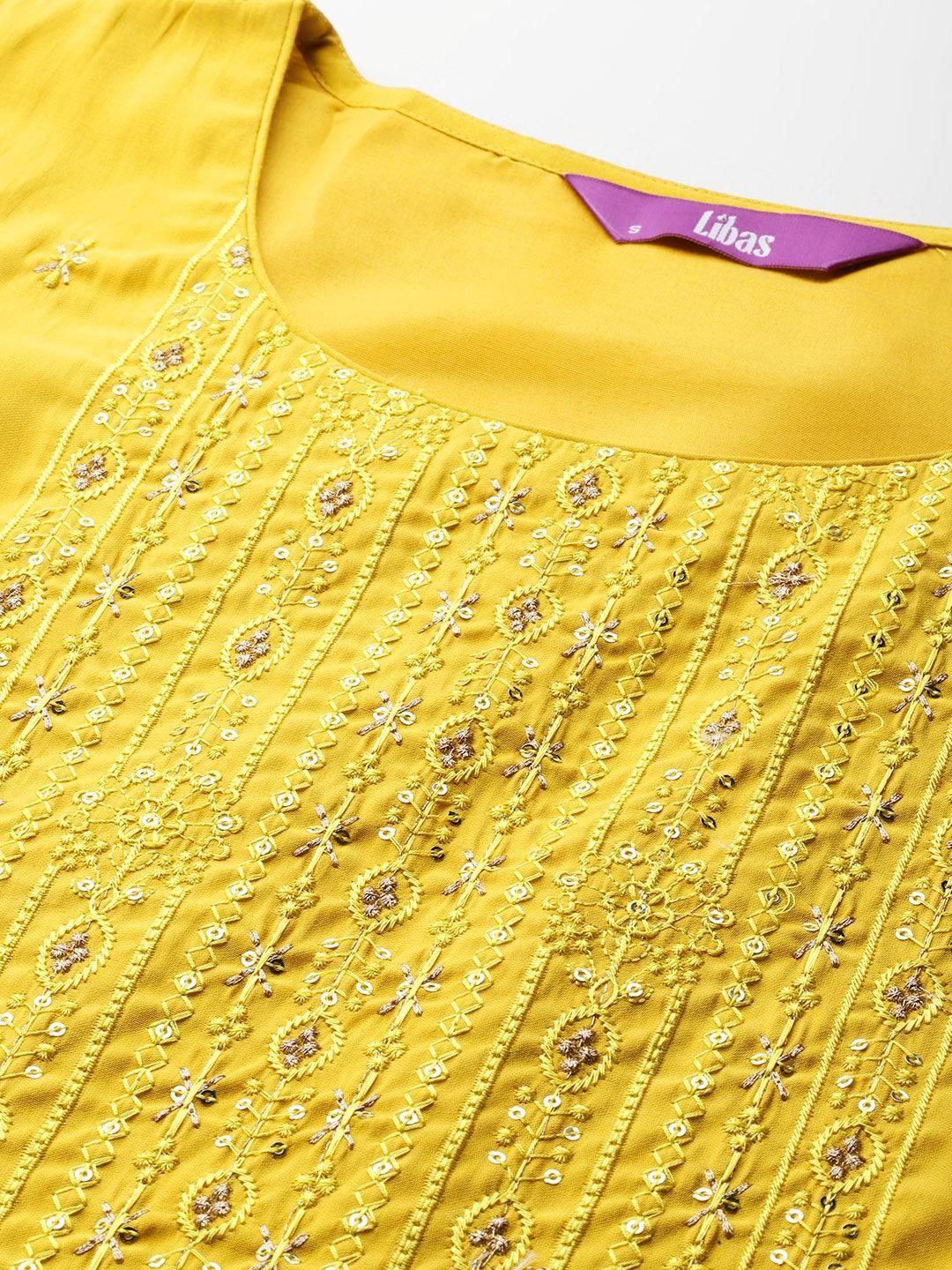 Yellow Embroidered Silk Blend Straight Kurta With Trousers & Dupatta - Libas