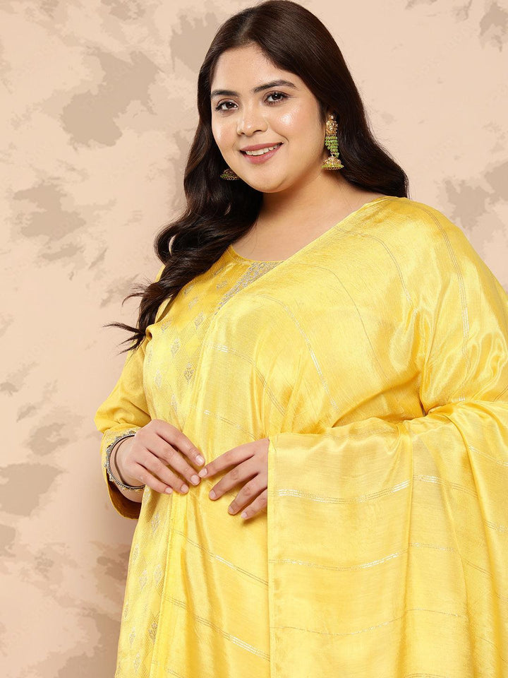 Yellow Embroidered Silk Blend Straight Kurta With Trousers and Dupatta - Libas