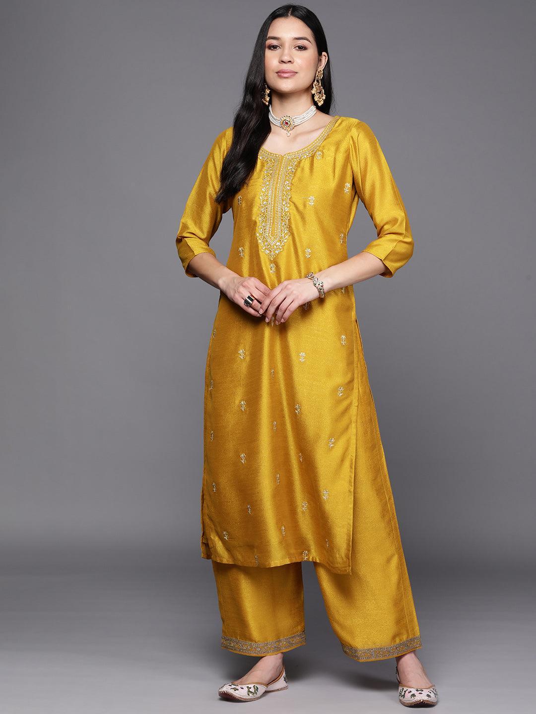 Yellow Embroidered Silk Straight Kurta