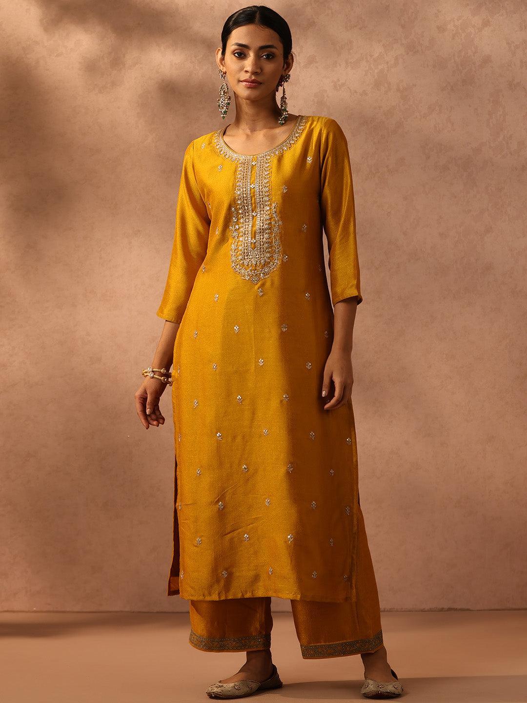 Yellow Embroidered Silk Straight Kurta - ShopLibas