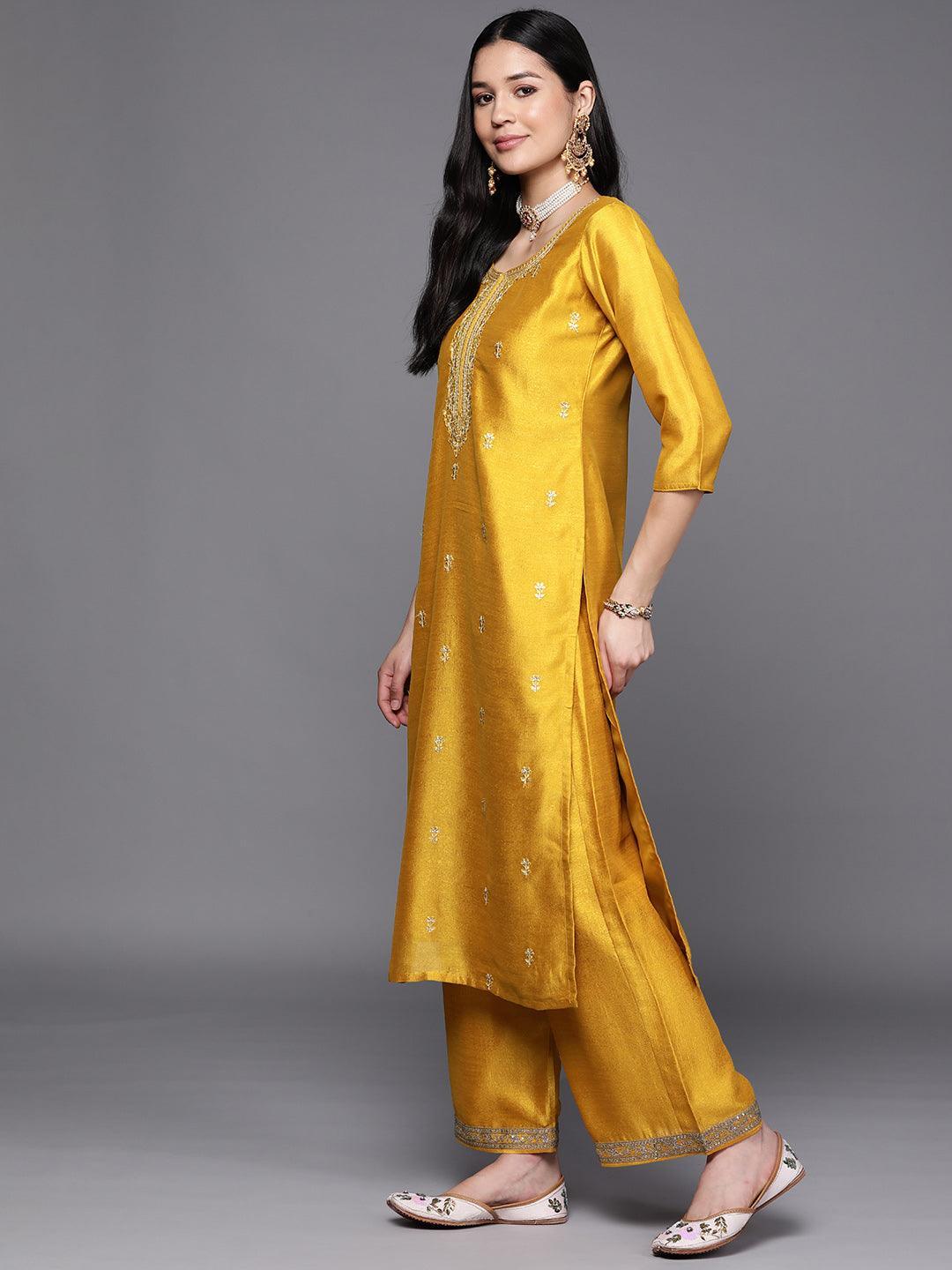 Yellow Embroidered Silk Straight Kurta