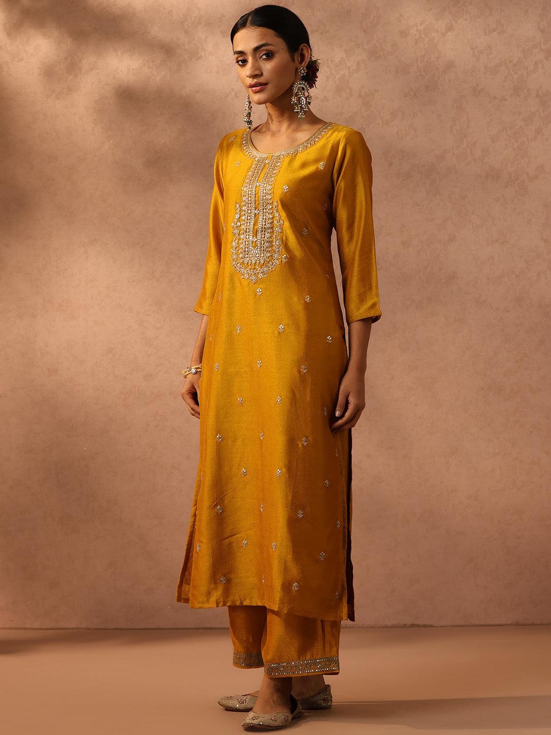 Yellow Embroidered Silk Straight Kurta