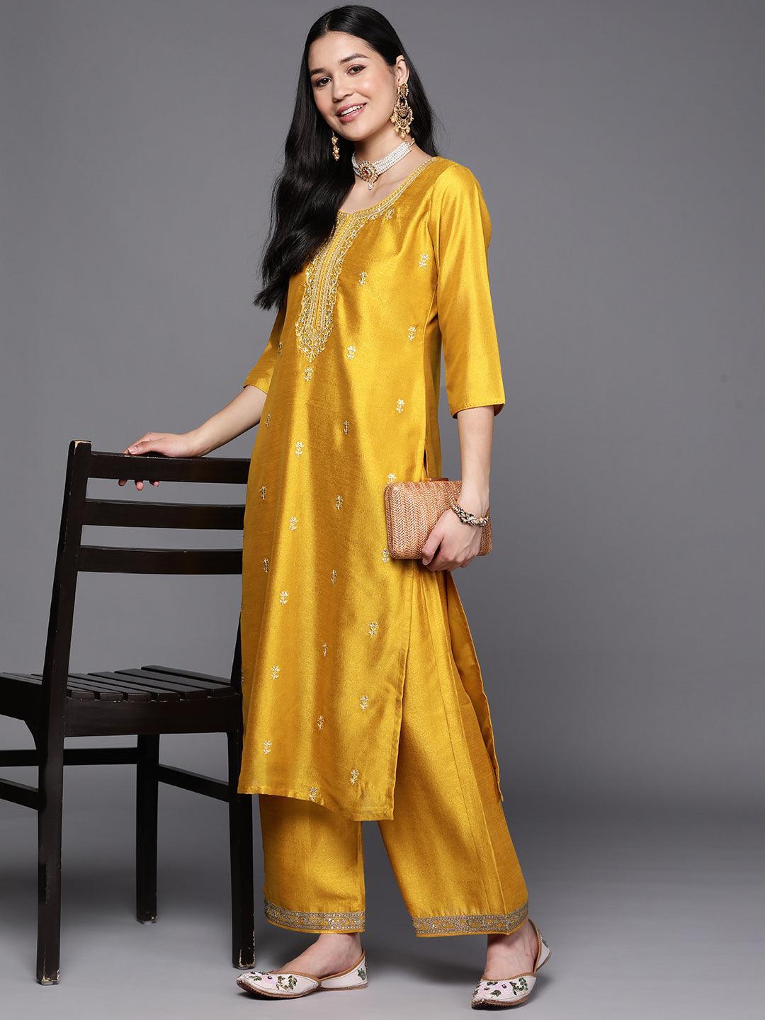 Yellow Embroidered Silk Straight Kurta