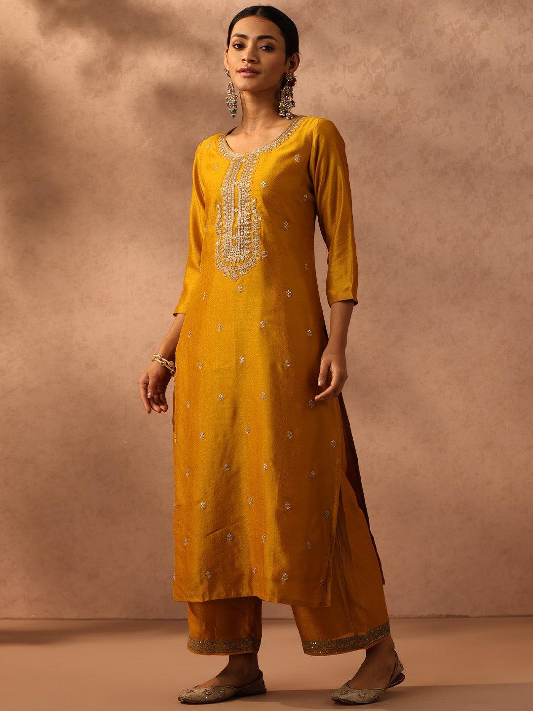 Yellow Embroidered Silk Straight Kurta