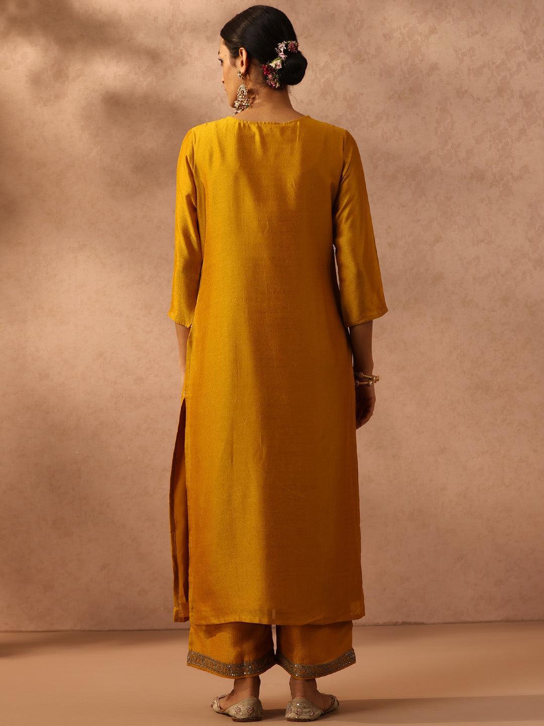 Yellow Embroidered Silk Straight Kurta