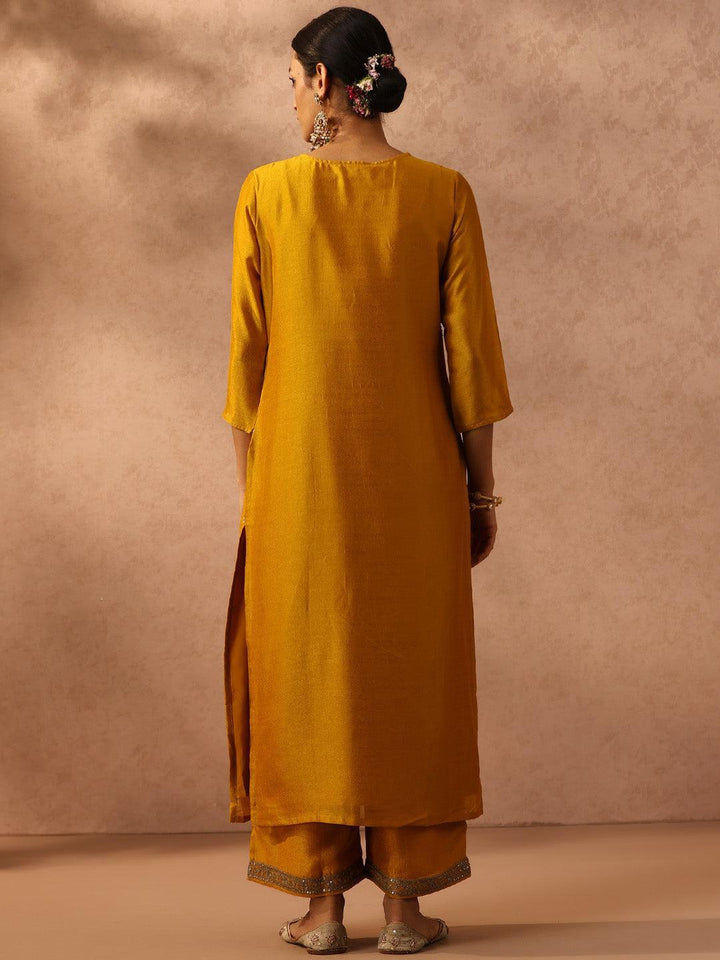 Yellow Embroidered Silk Straight Kurta - ShopLibas