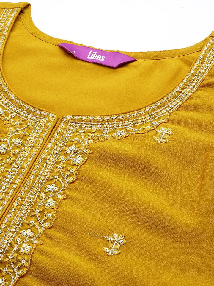 Yellow Embroidered Silk Straight Kurta - ShopLibas