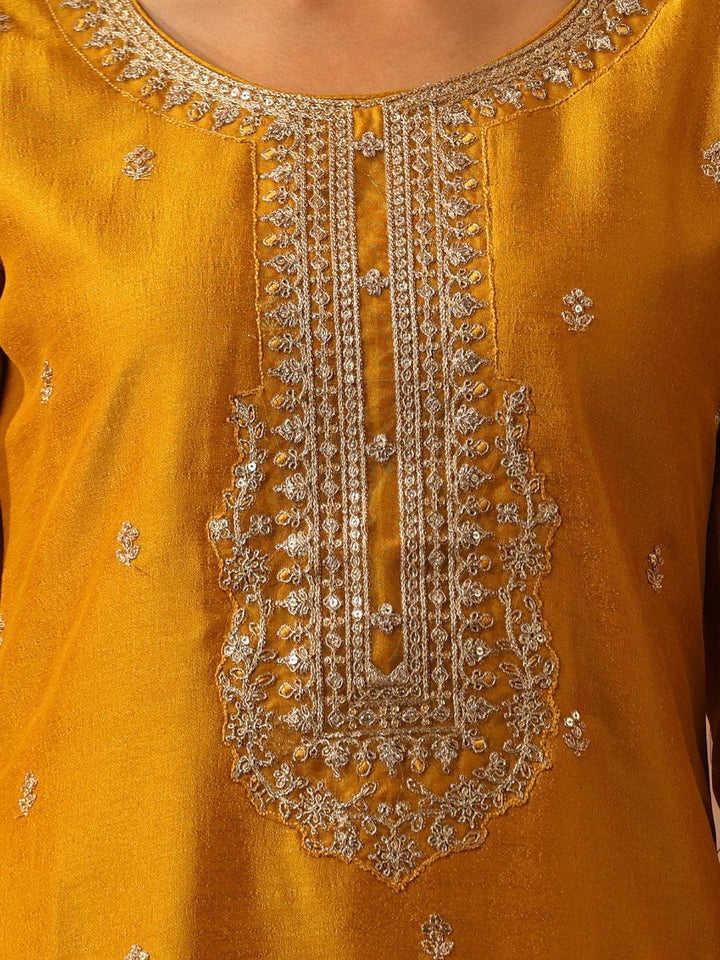 Yellow Embroidered Silk Straight Kurta - ShopLibas