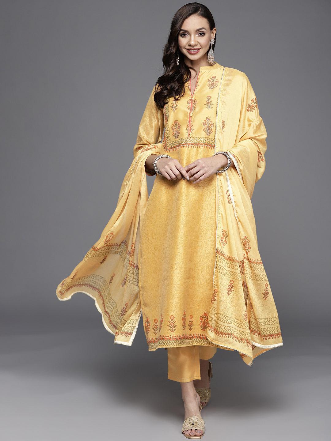 Yellow Printed Chanderi Silk Suit Set