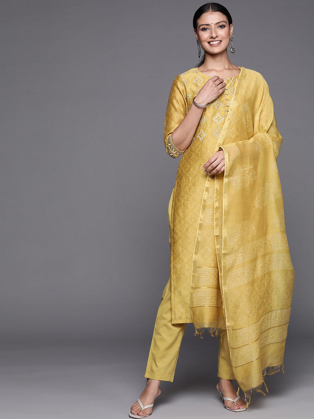 Yellow Printed Chanderi Silk Straight Suit Set