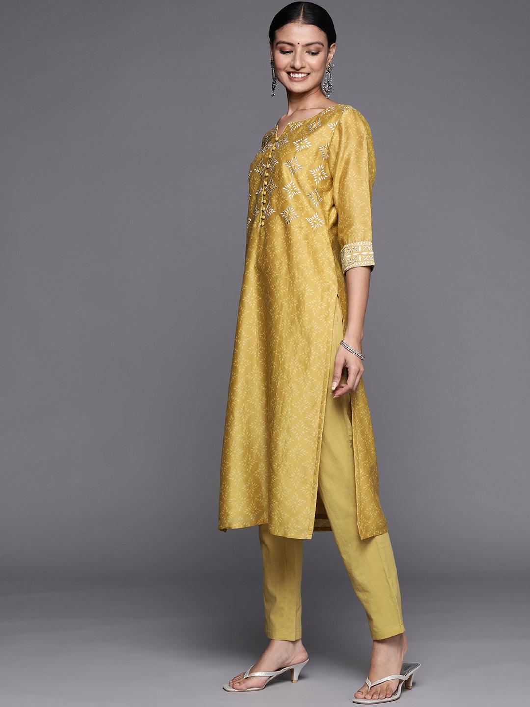 Yellow Printed Chanderi Silk Straight Suit Set