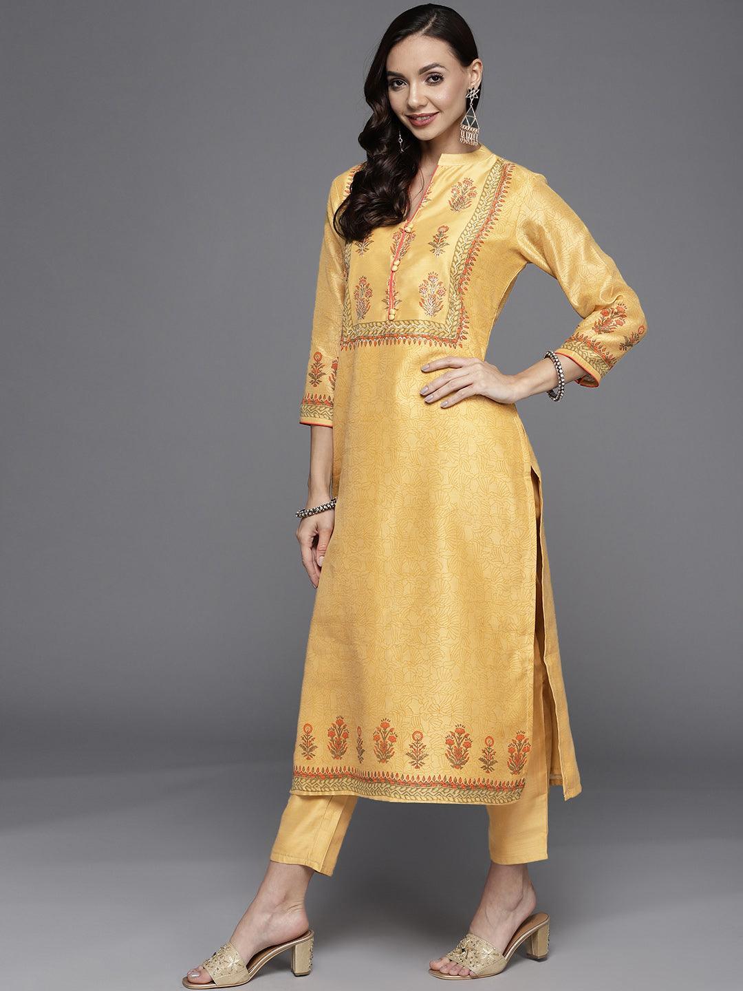 Yellow Printed Chanderi Silk Suit Set