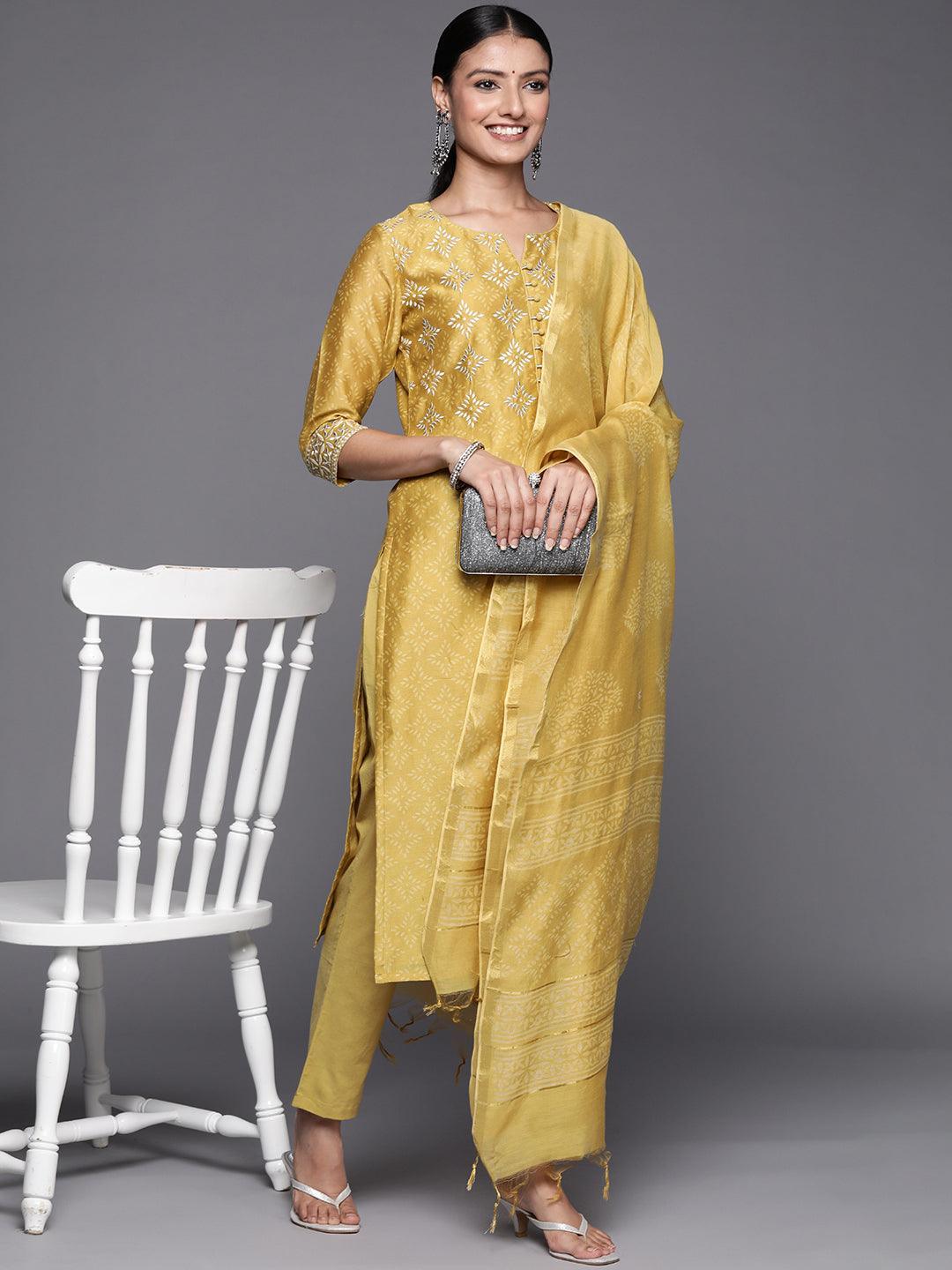 Yellow Printed Chanderi Silk Straight Suit Set