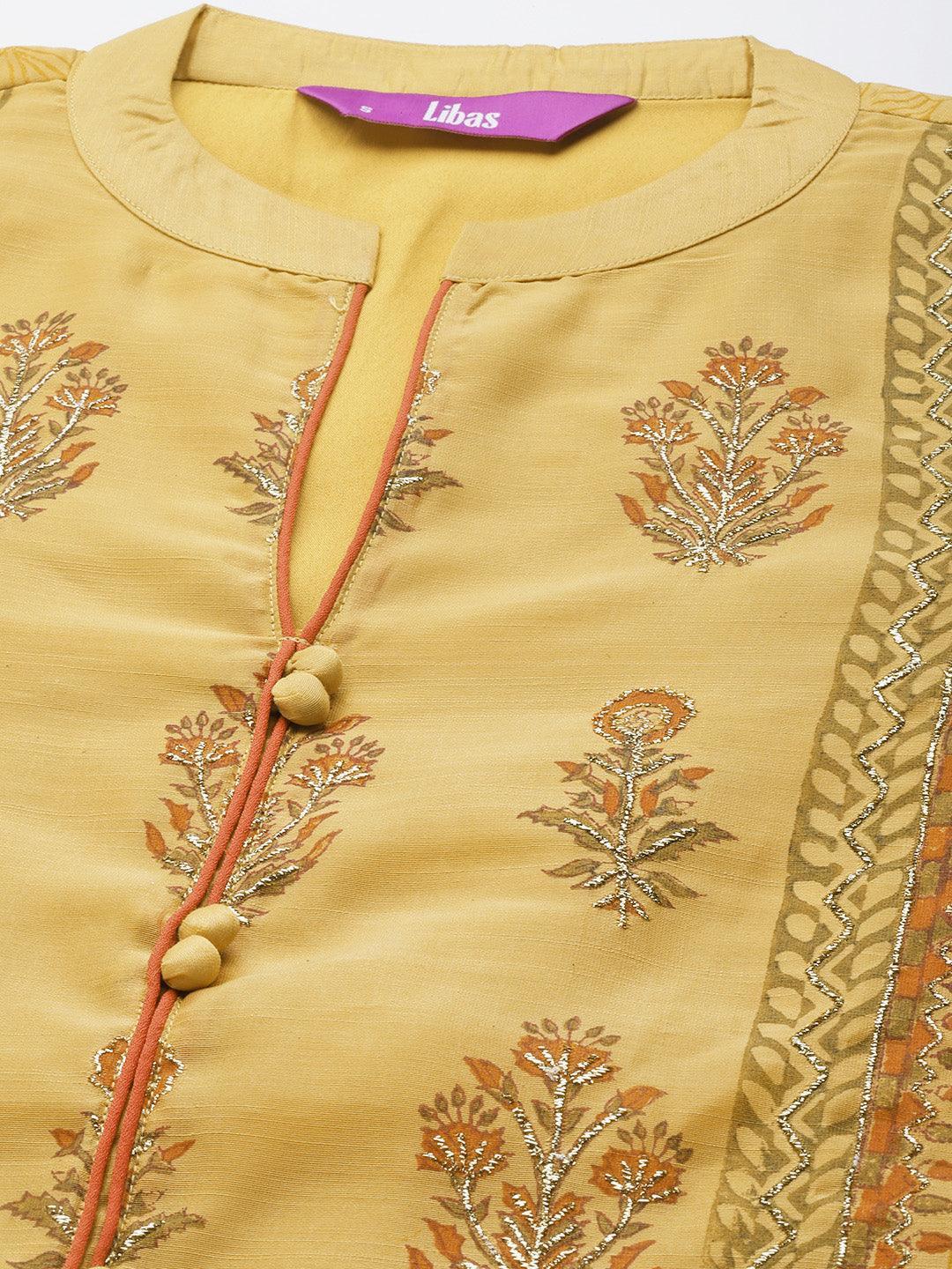 Yellow Printed Chanderi Silk Suit Set