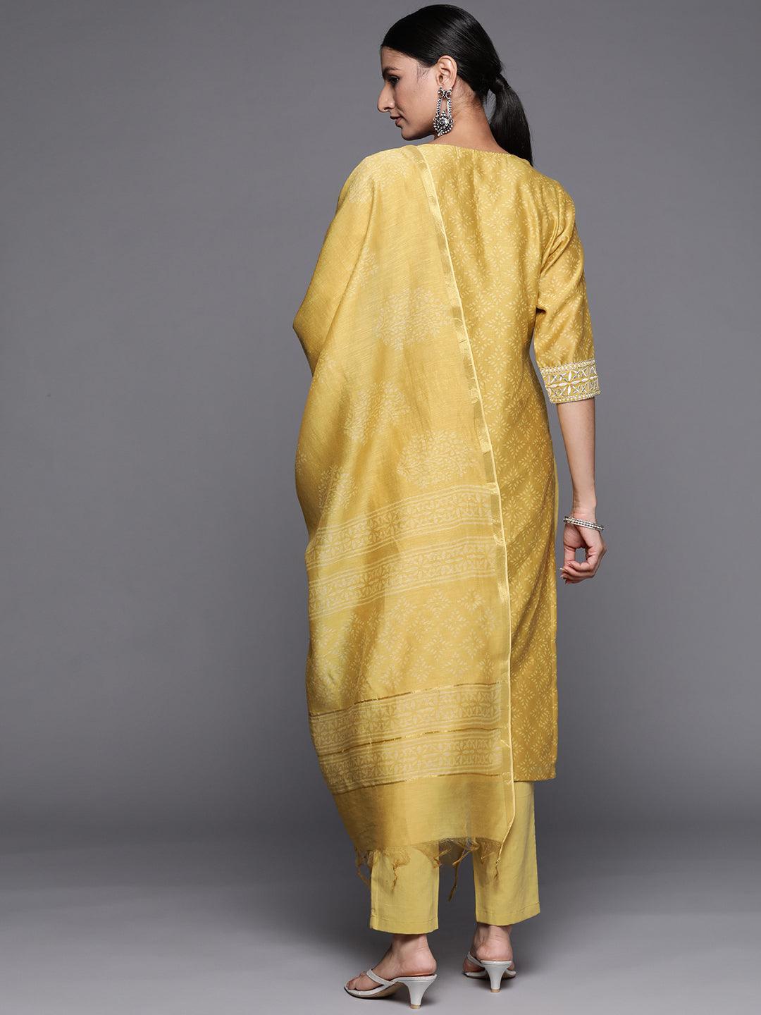 Yellow Printed Chanderi Silk Straight Suit Set