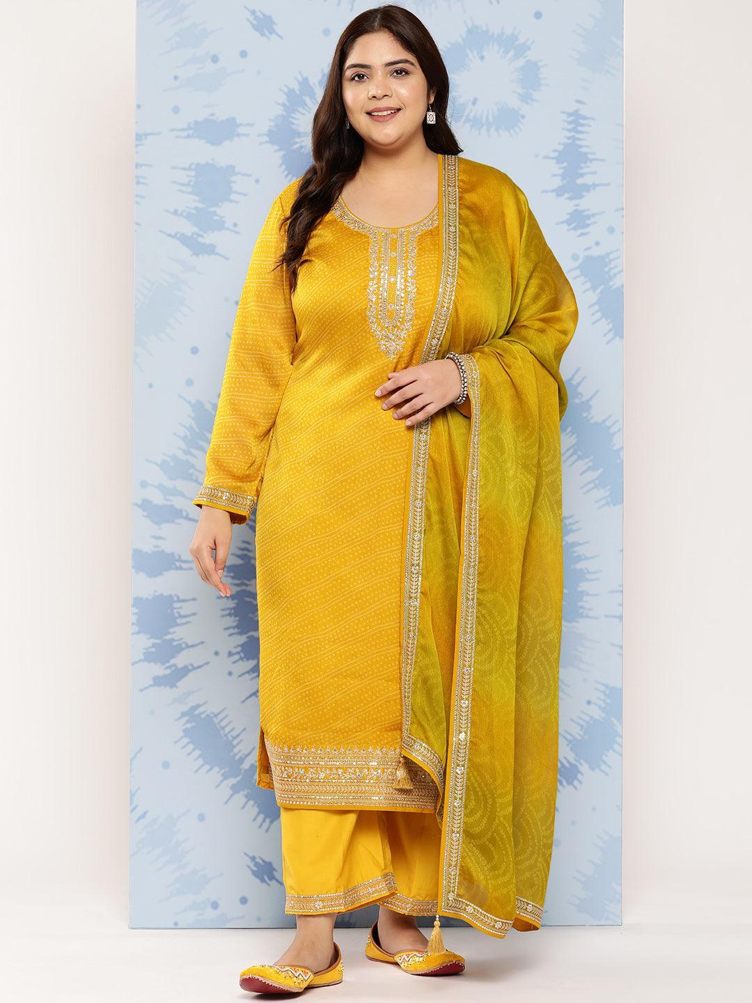 Yellow Printed Chiffon Straight Kurta With Trousers and Dupatta