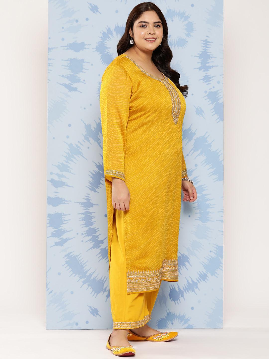 Yellow Printed Chiffon Straight Kurta With Trousers and Dupatta