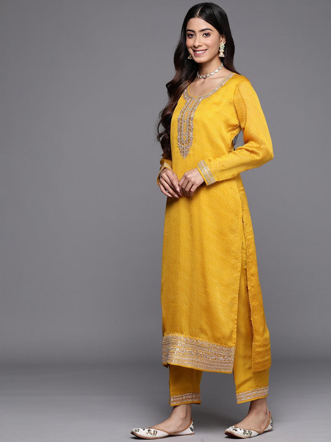 Yellow Printed Chiffon Straight Suit Set With Trousers - ShopLibas