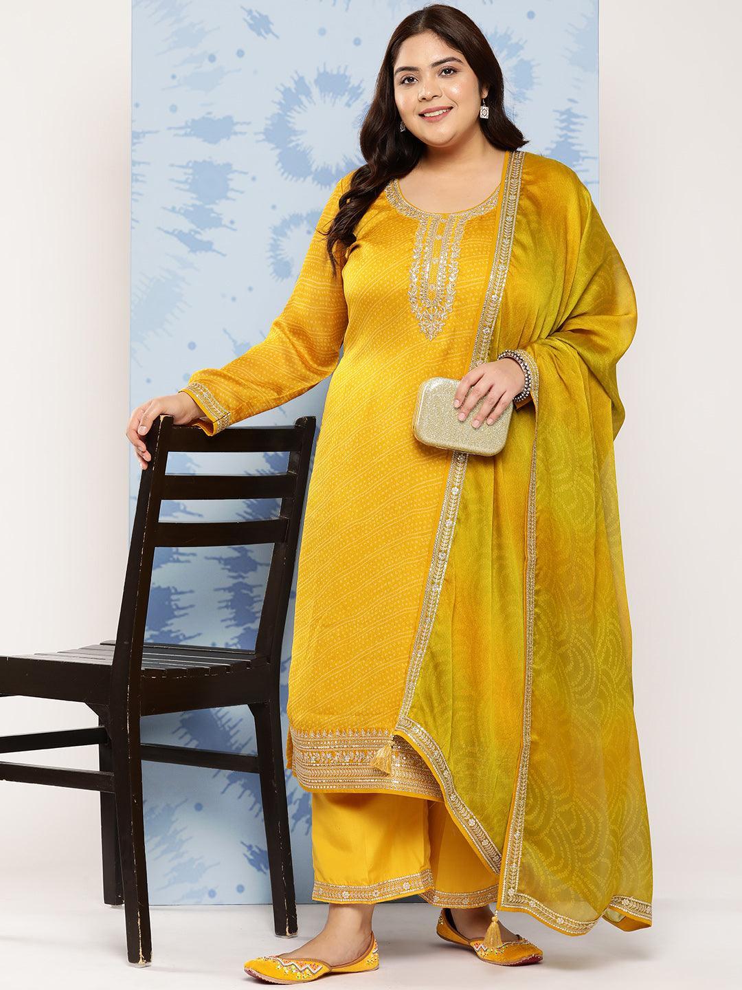 Yellow Printed Chiffon Straight Kurta With Trousers and Dupatta