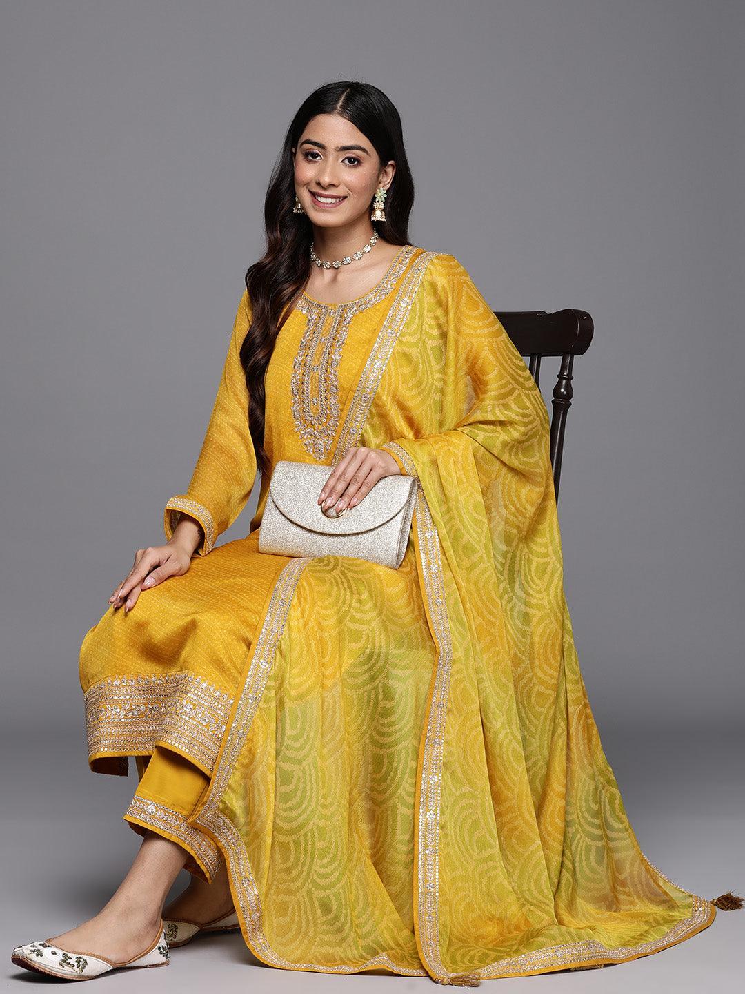 Yellow Printed Chiffon Straight Suit Set With Trousers - ShopLibas