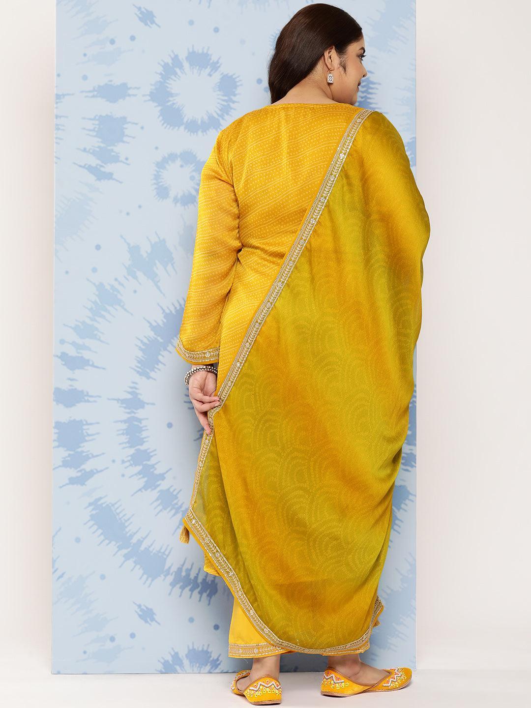 Yellow Printed Chiffon Straight Kurta With Trousers and Dupatta