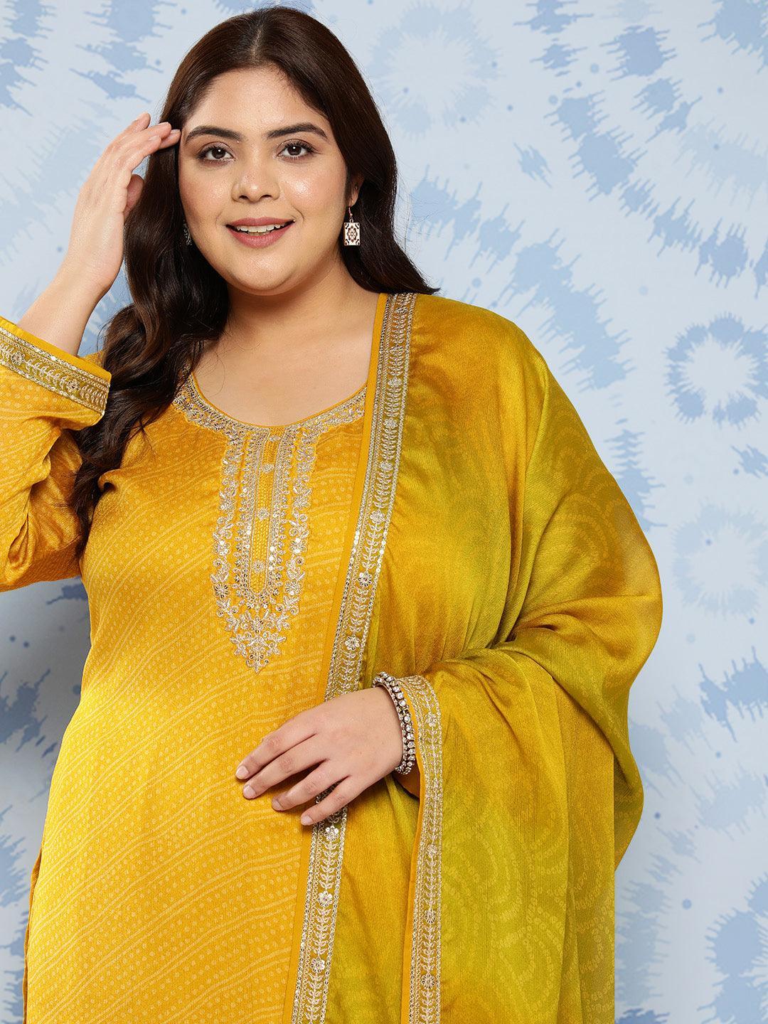 Yellow Printed Chiffon Straight Kurta With Trousers and Dupatta