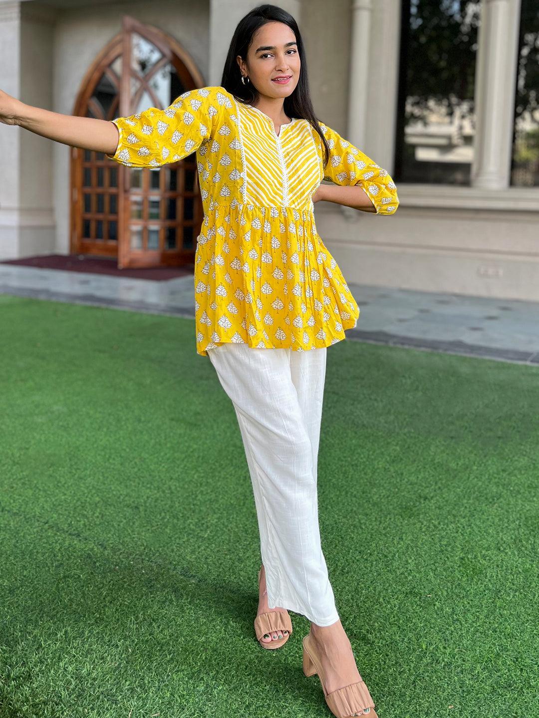 Yellow Printed Cotton A-Line Kurti - ShopLibas