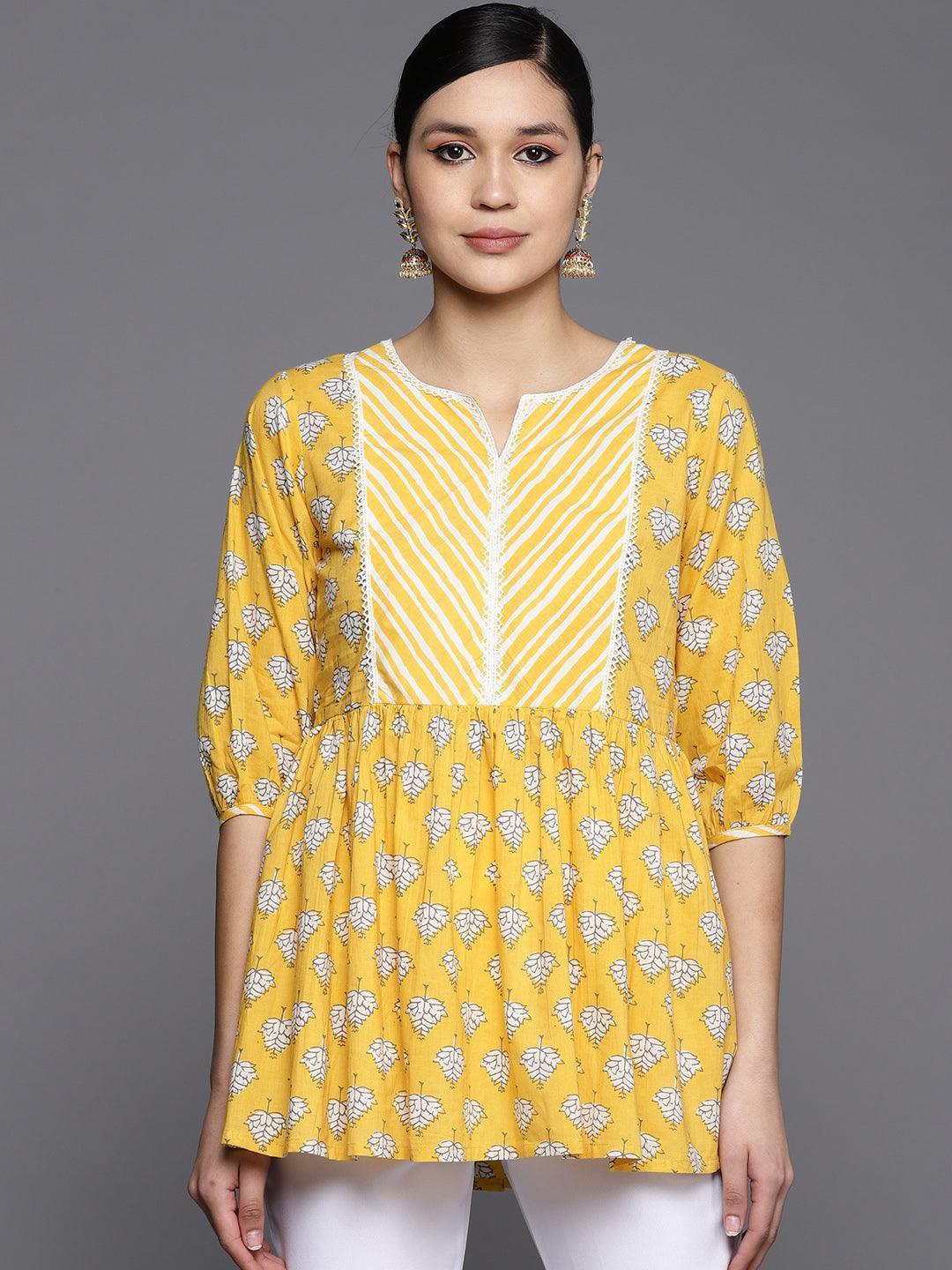 Yellow Printed Cotton A-Line Kurti - ShopLibas