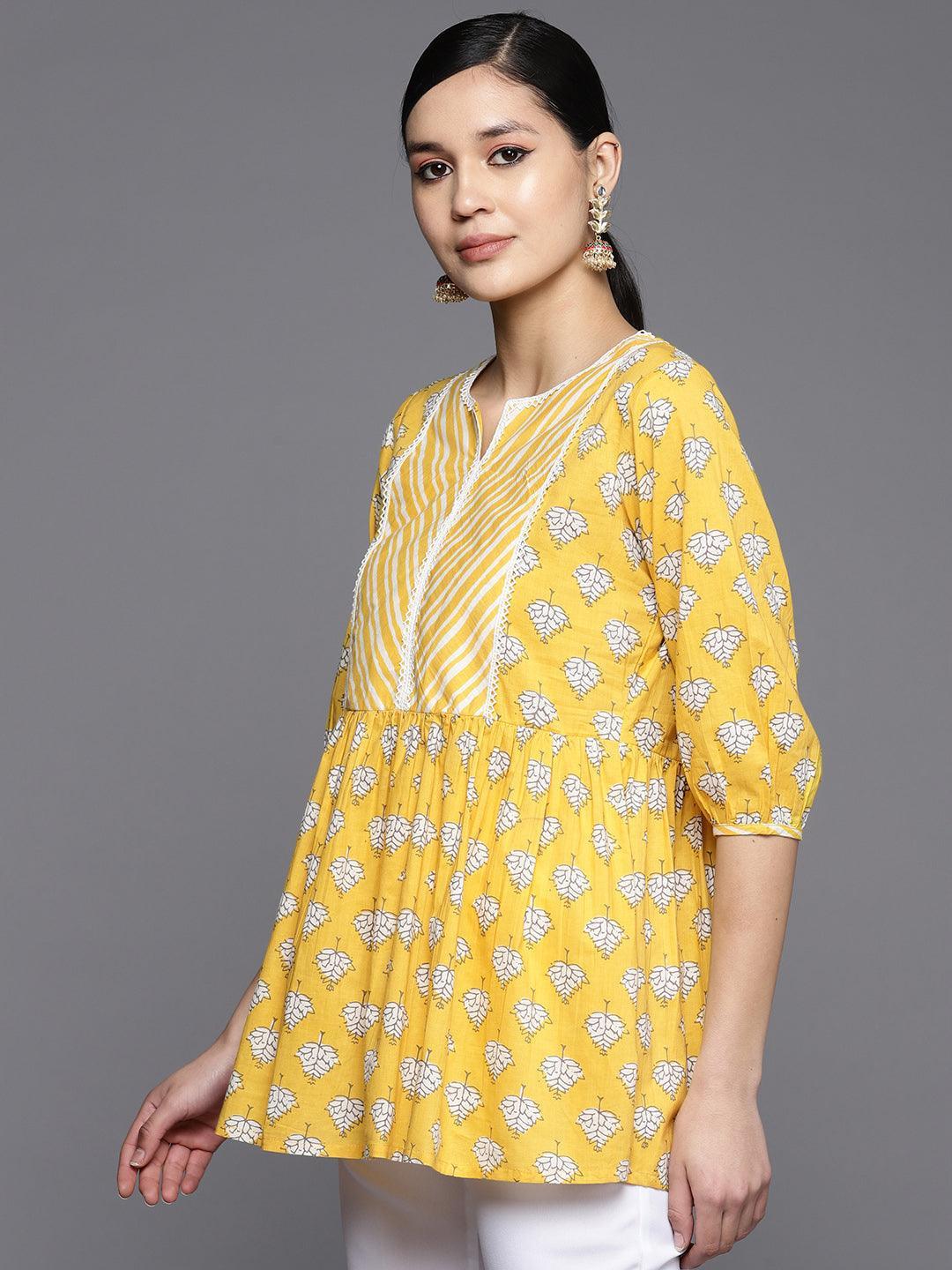 Yellow Printed Cotton A-Line Kurti - ShopLibas