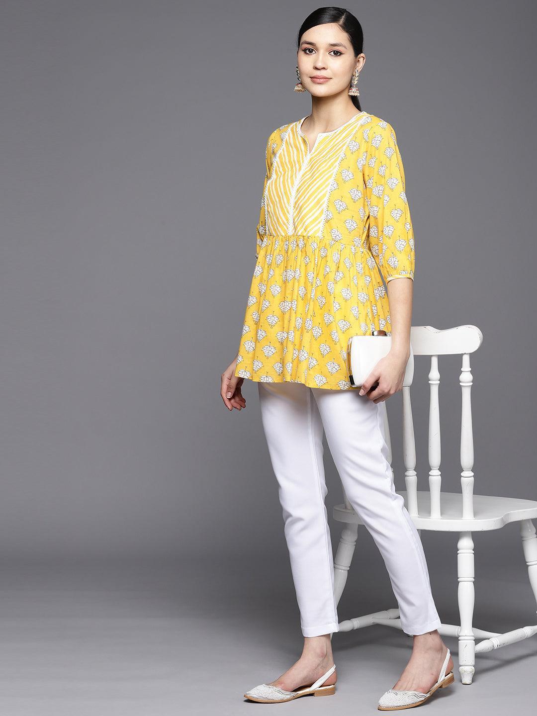 Yellow Printed Cotton A-Line Kurti - ShopLibas