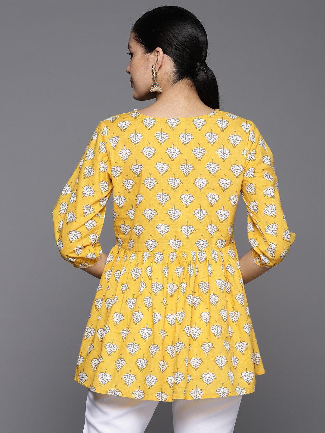 Yellow Printed Cotton A-Line Kurti - ShopLibas