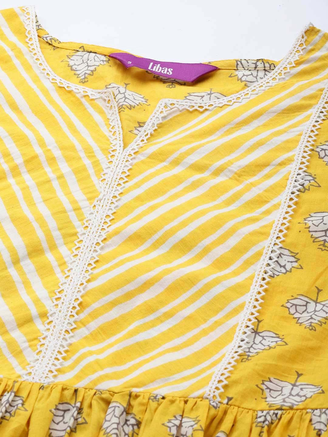 Yellow Printed Cotton A-Line Kurti