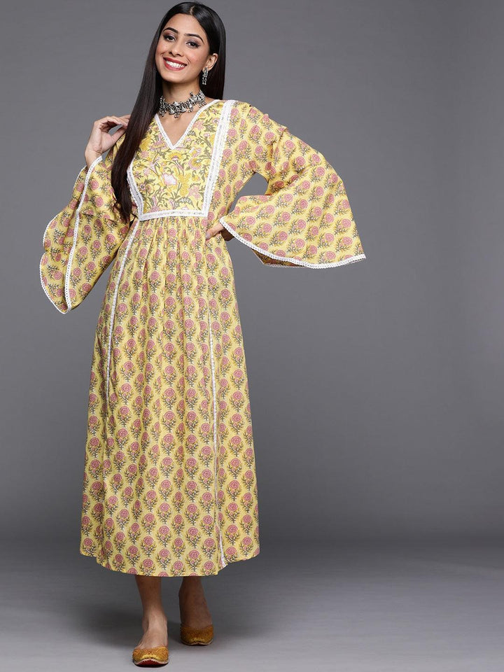 Yellow Printed Cotton Dress - ShopLibas