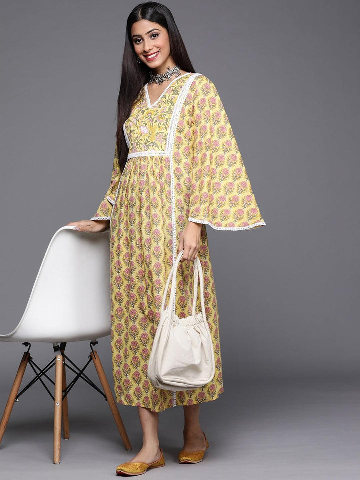 Yellow Printed Cotton Dress - ShopLibas