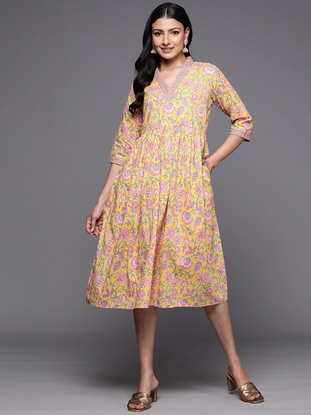 Yellow Printed Cotton Fit and Flare Dress