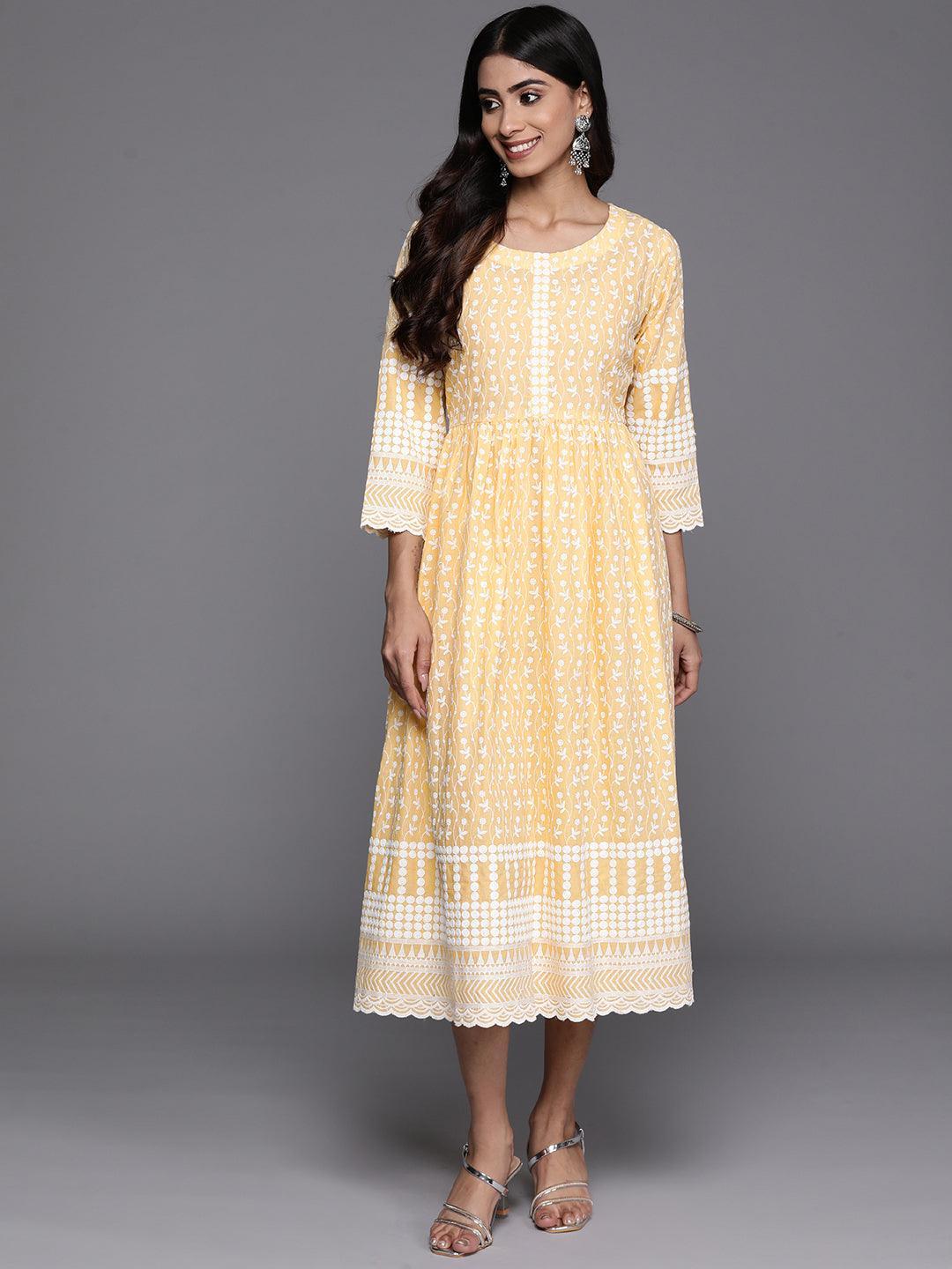 Yellow Printed Cotton Fit and Flare Dress