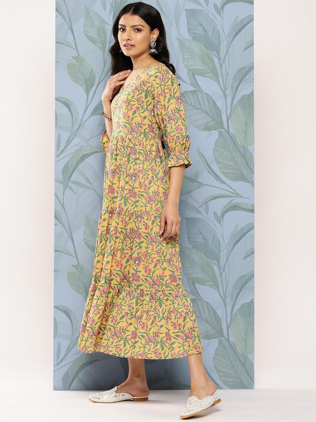 Yellow Printed Cotton Fit and Flare Dress