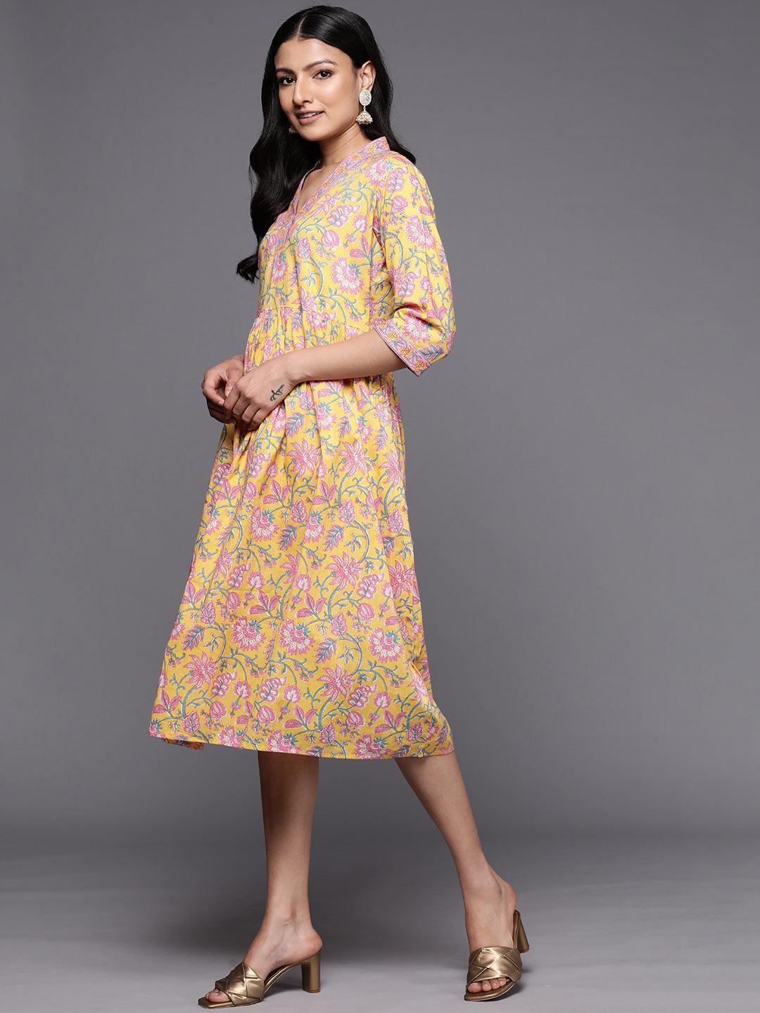 Yellow Printed Cotton Fit and Flare Dress